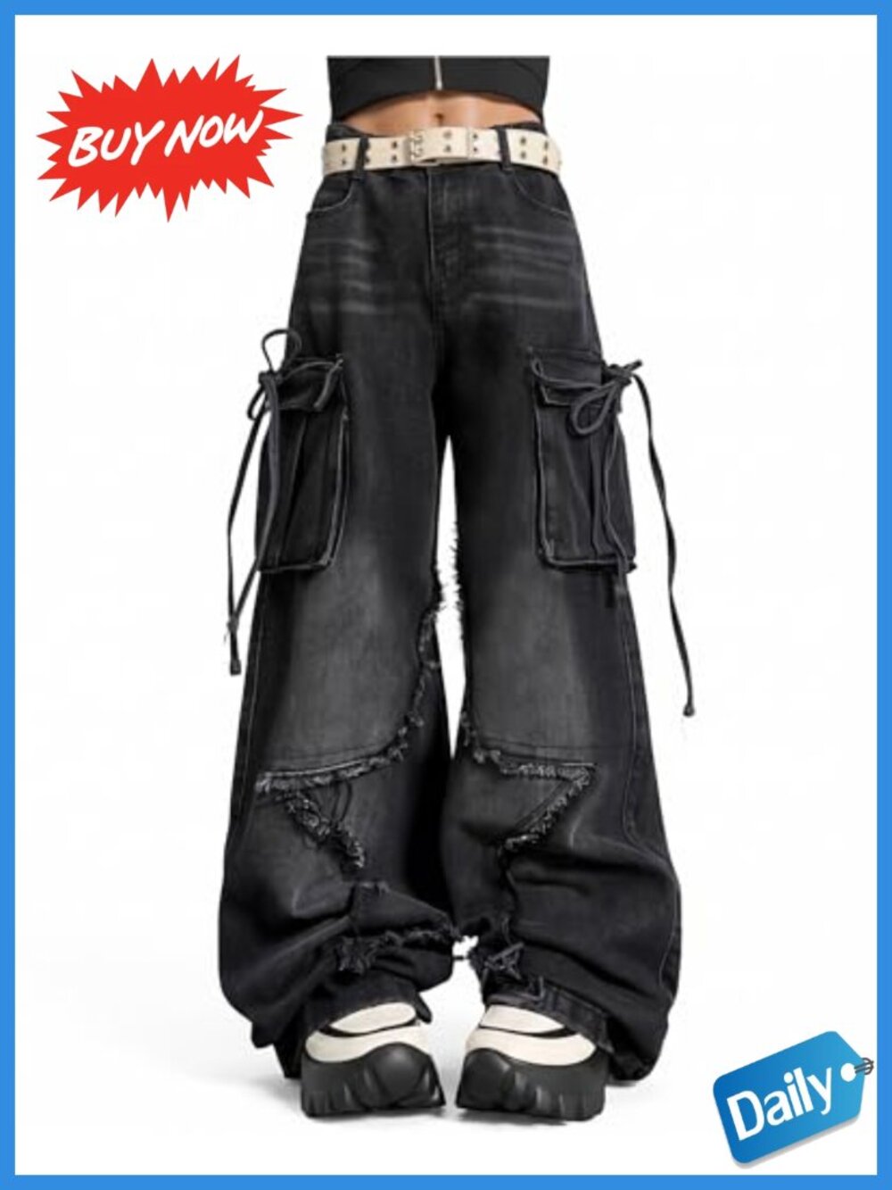 Hugboom Baggy Cargo Jeans High Rise Wide Leg Cotton Blend Denim Pants